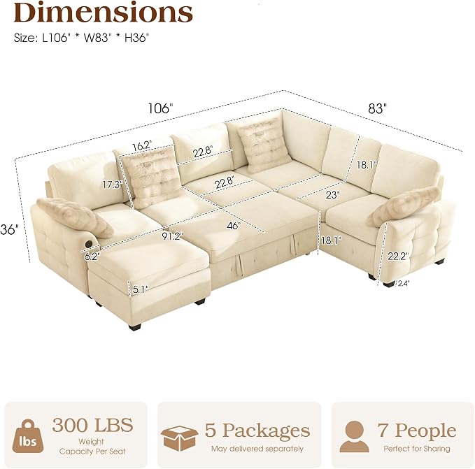 Ihanherry 106-inch Large L-Shaped Sectional Sofa Bed, 7-Seater Convertible Pull - Image 2