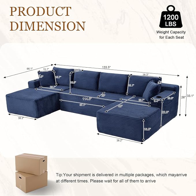 134 Inch Modular Sectional Sleeper Sofa, Boneless Cloud Couch - Image 2