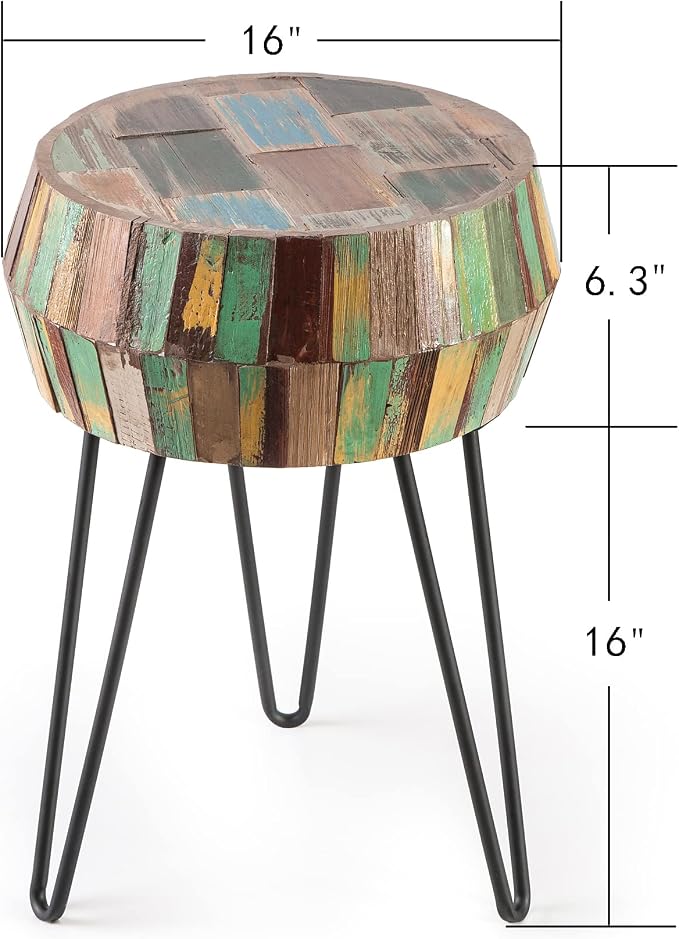 Drum Round Wood Side Table 16" x 16" x 21" H Reclaimed Rustic Multicolor Patio - Image 2