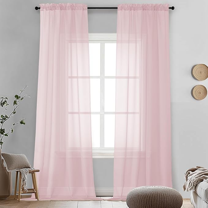 Blush Pink Sheer Curtains 96 Inches Long 2 Panels by OVZME