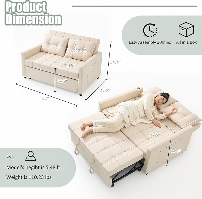 GOSUHI 52" Sleeper Sofa with Pull-Out Bed, 3-in-1 Convertible Sofa Bed - Image 2