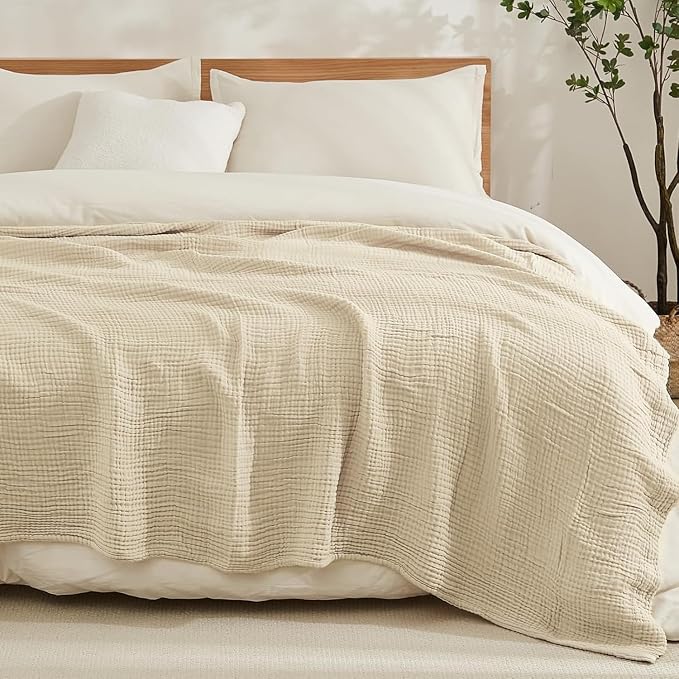 EMME Cotton Blanket Queen Size for Bed Soft Muslin Bed Blankets 90"x90" Beige by EMME