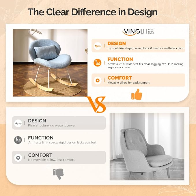VINGLI 25.6" Extra Wide Criss Cross Nursery Rocking Chair, Cute Curved 115° - Image 3
