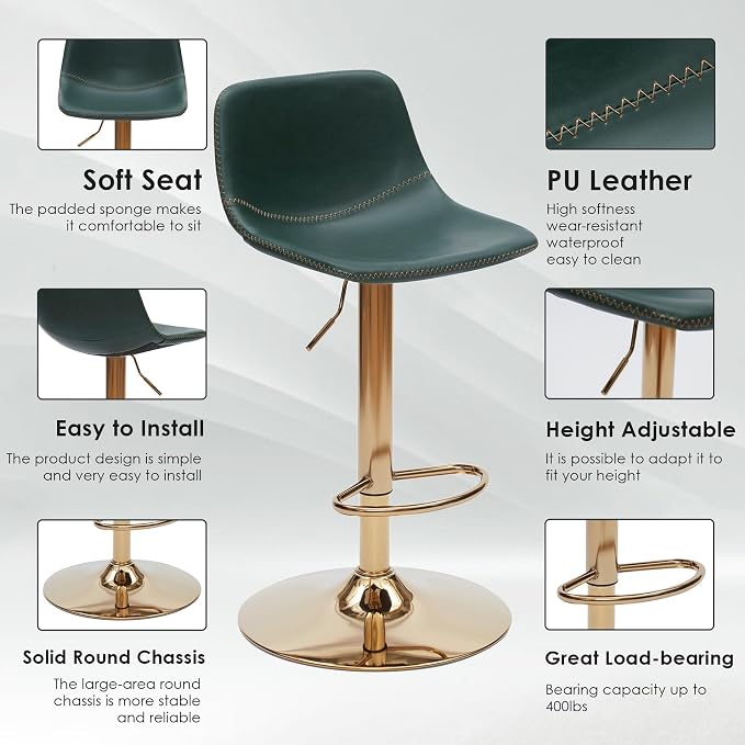 Adjustable Bar Stools Set of 2, Mid Century Modern Swivel Bar Stools, - Image 6