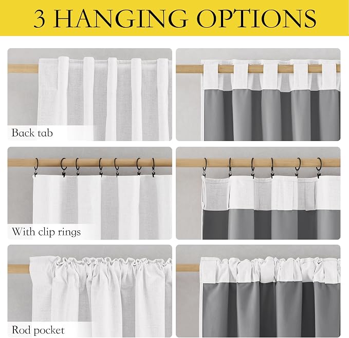 NICETOWN Greyish White 100% Blackout Linen Curtains 90" Long, Farmhouse Thick - Image 3