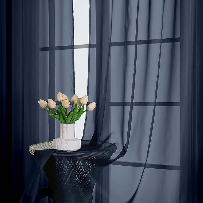 Chyhomenyc Navy Blue Sheer Curtains 90 Inches Long 2 Panels, Light Filtering - Image 2