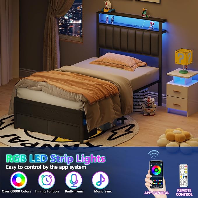 Furnulem Twin Bed Frames with Charging Station and LED Lights, Metal Platform - Image 8