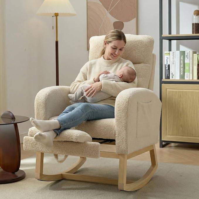 NIOIIKIT Modern Nursery Rocking Chair, Teddy Upholstered Rocking Chair - Image 3
