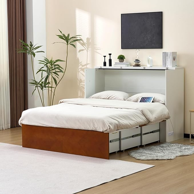 VINGLI Queen Murphy Bed with Storage Drawer, 2 Charging Station, Rustic & - Image 9
