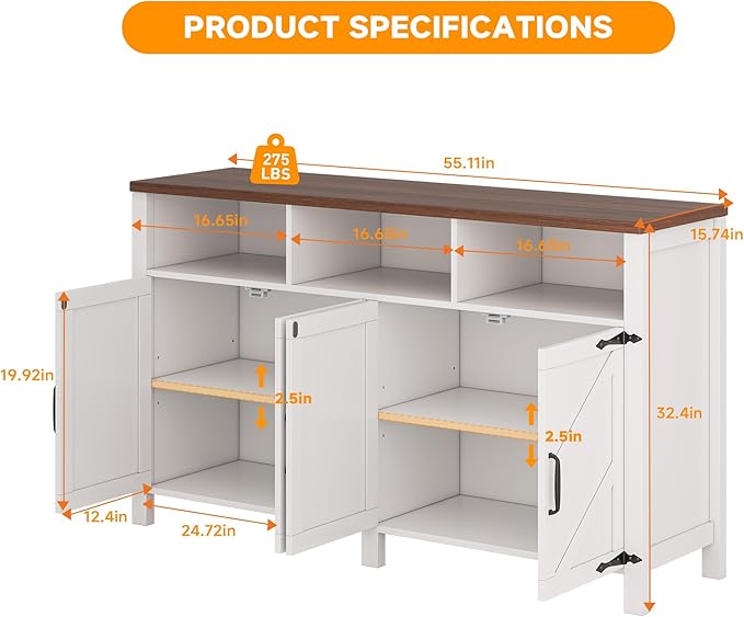 knoworld Buffet Sideboard with Storage Farmhouse with 4 Doors, Dining Room - Image 2