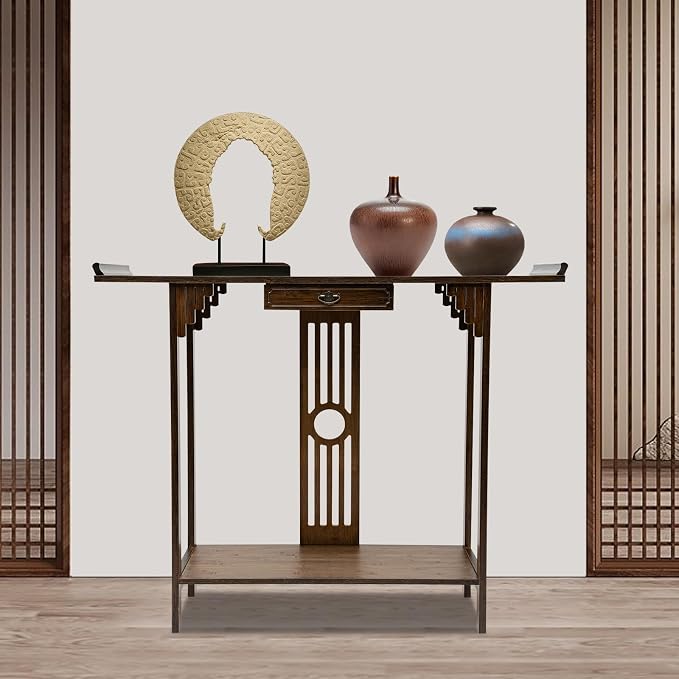 Chinese Style Vintage Console Table, 40In 2 Tiers Bamboo Sofa Consoles Table - Image 2