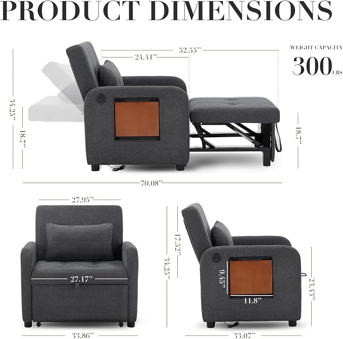 Convertible Sleeper Chair-Fabric Futon Sofa Bed, Single Sleeper Sofa, Small - Image 2