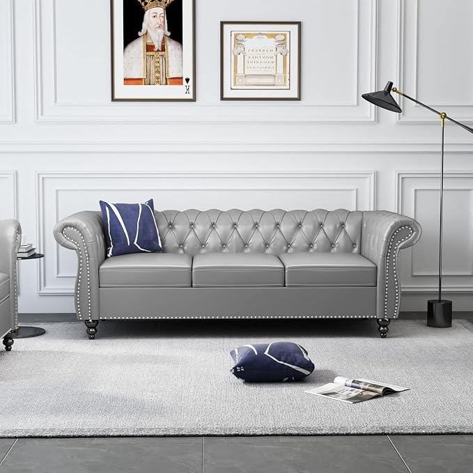 Mid-Century 3 Seater Sofa, Faux Leather Couch - Image 3