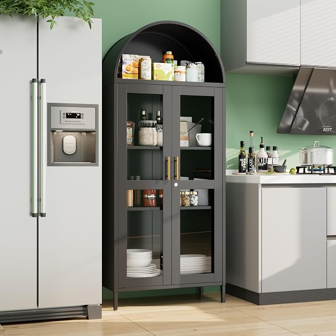 73" Black Metal Arched Display Cabinet - Image 4