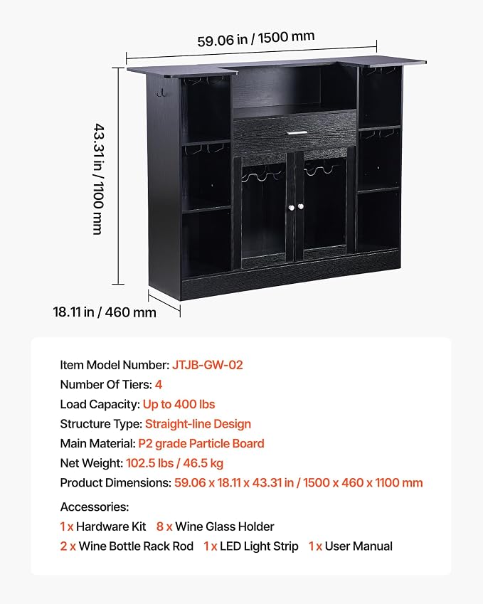 VEVOR Home Bar Unit, Wine Bar Cabinet Table 4-Tier - Image 3