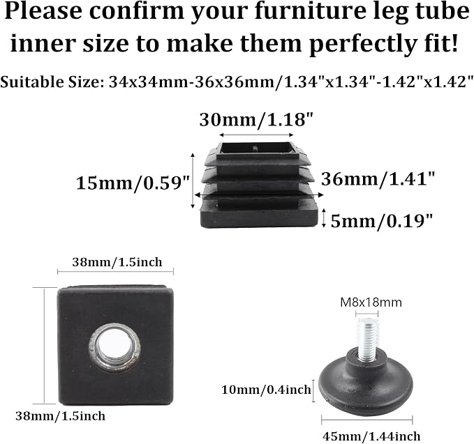 8Pcs Adjustable Leveling Feet 38 x 38mm Square Insert Kit Furniture Glide - Image 2