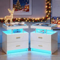 LED Nightstand Set 2 with Wireless Charging Station, Glass Top Smart Bedside by MDGC