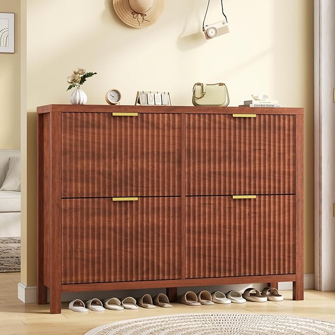 YOMILUVE Shoe Cabinet Storage for Entryway, Fluted Walnut Shoe Cabinet - Image 9
