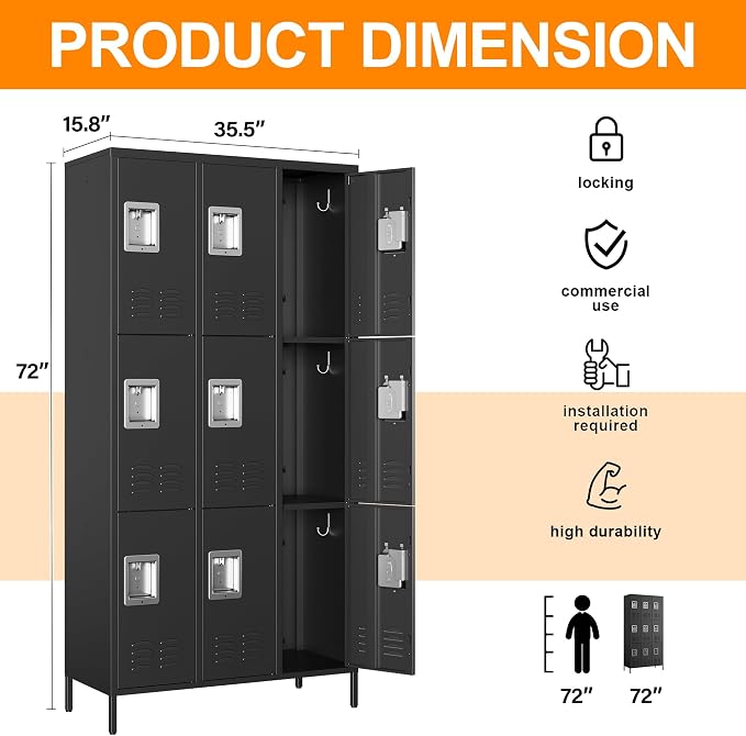 Metal Locker with 9 Doors Employees Locker, Metal Storage Locker with Hooks - Image 3
