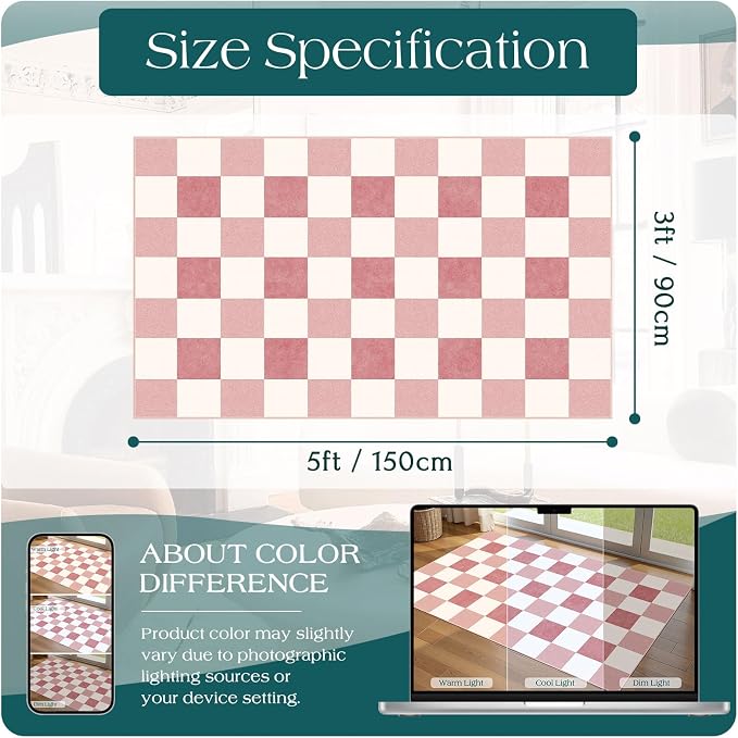 Pink White Checkered Entry Rug - Image 7