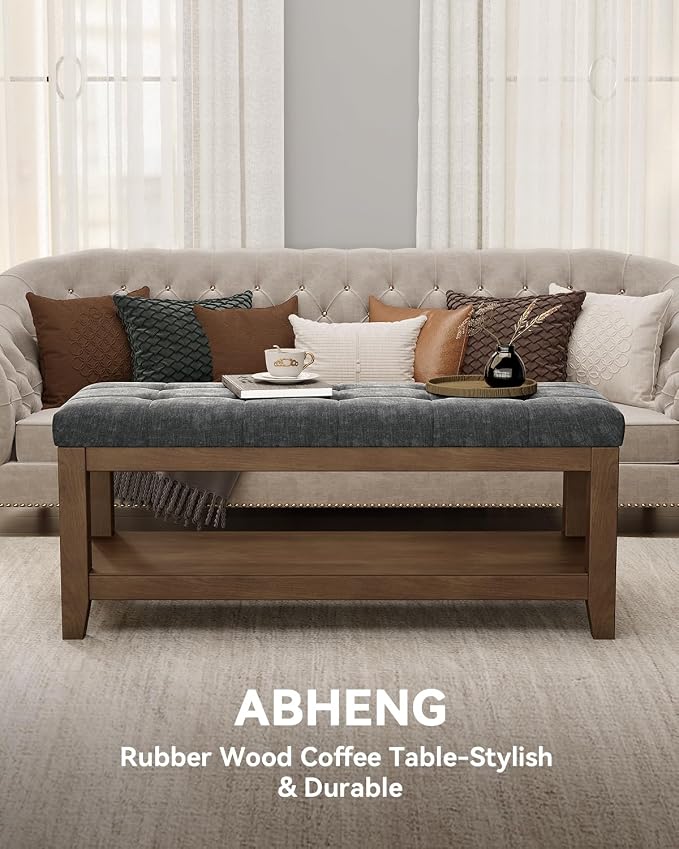 ABHENG Solid Rubber Wood Shoe Bench, Soft Chenille Material Upholstered Seat - Image 4
