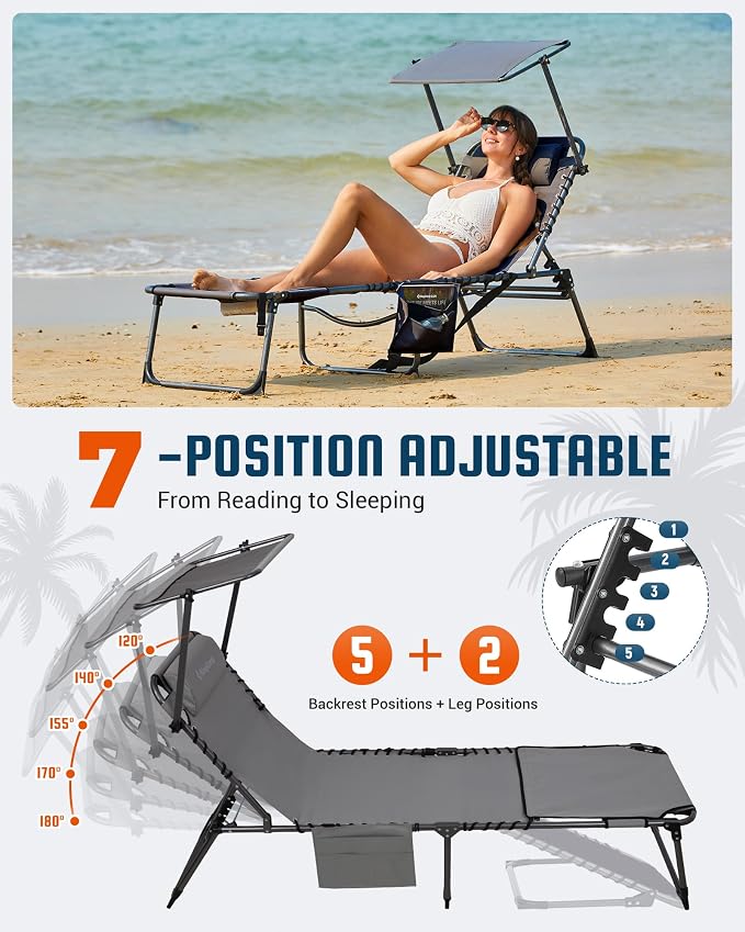 KingCamp Lounge Chair with face Hole & Canopy Shade, 400LBS Folding Portable - Image 6