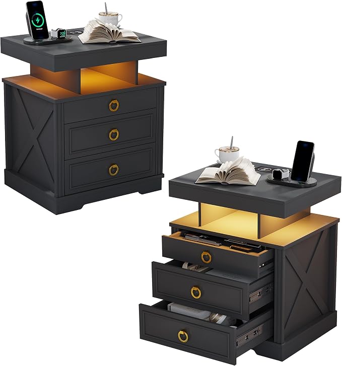 HNEBC Night Stand Set 2 with Gun Drawers, Farmhouse Nightstand with Charging by HNEBC