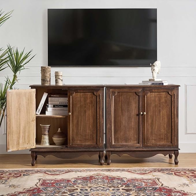 Solid Wood Sideboard with Adjustable Feet, 2 Shelves Storage Accent Cabinet - Image 9