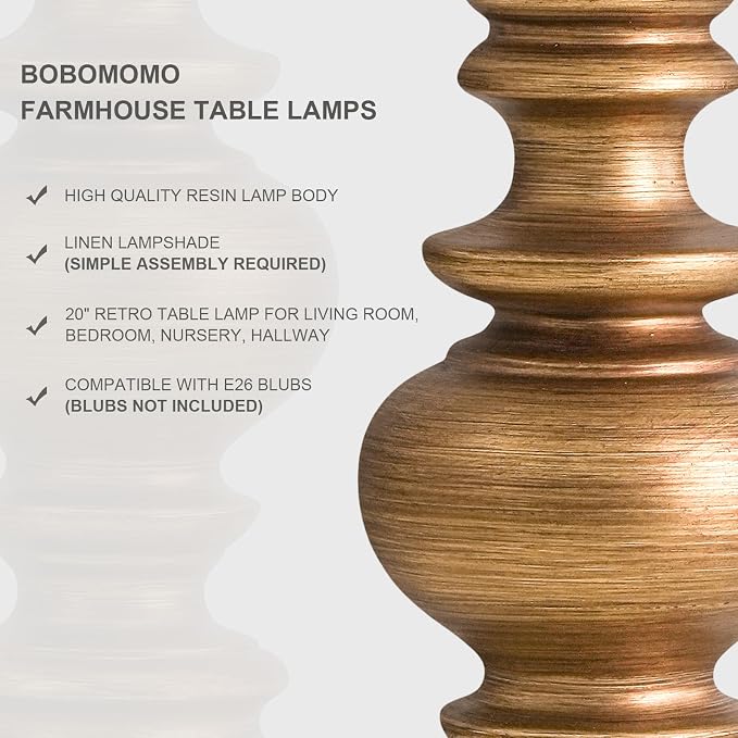 BOBOMOMO 20" Antique Gold Table Lamps Set of 2 – Handcrafted Vintage Bedside - Image 3