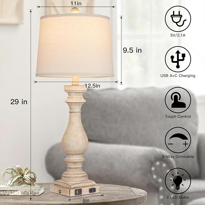 Cinkeda 29" Tall Table Lamp for Living Room Set of 2, Farmhouse Nightstand - Image 4