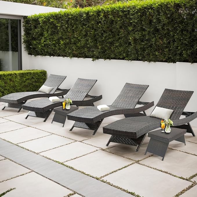 Outdoor Patio 4 Adjustable Backrest Chaise Lounger and 2 Side End Tables by Asifom