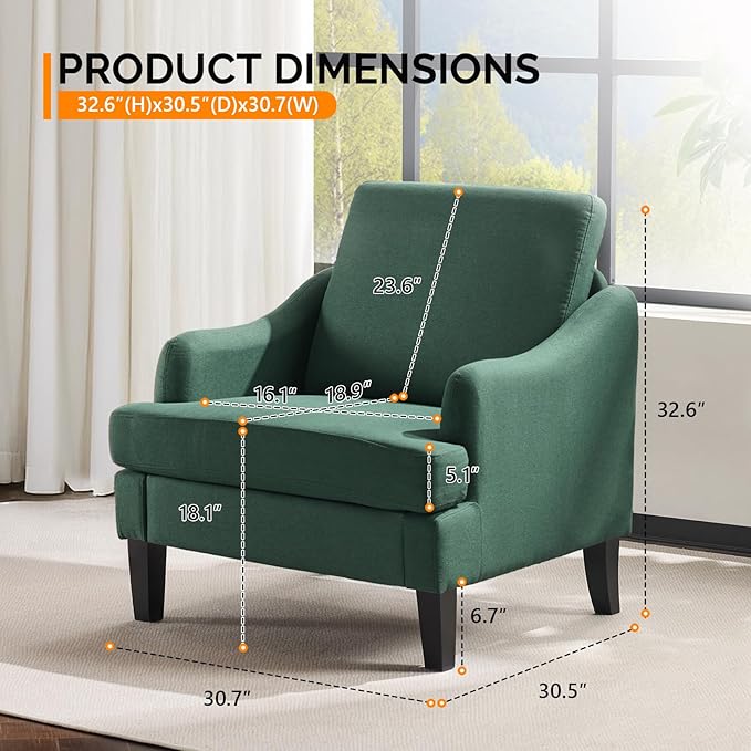 VINGLI Linen Fabric Accent Chair Green, Modern Upholstered Armchair, Comfy Sofa - Image 2