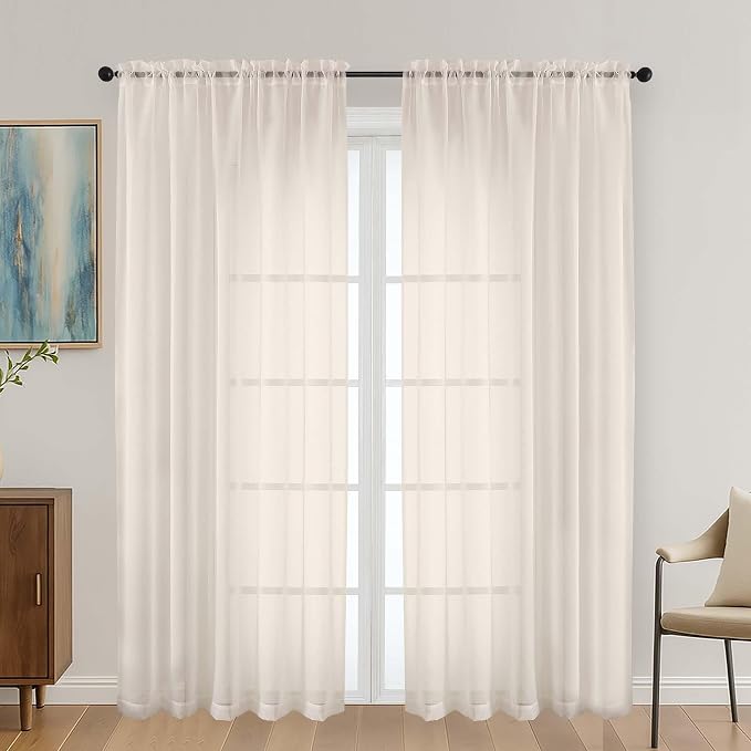Cream Sheer Curtains 72 Inches Long 2 Panels Set, Light Filtering Sheer Curtains by OVZME