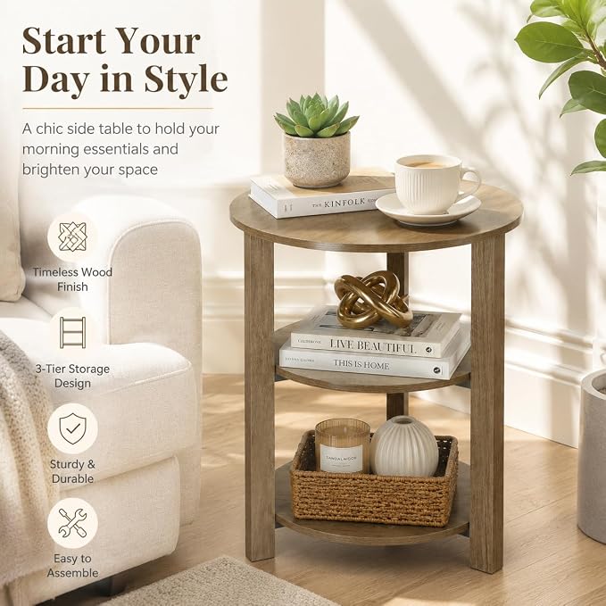 Farmhouse 3-Tier Round Side Table, 17.7 * 21.7 Inch Small End Table - Image 3
