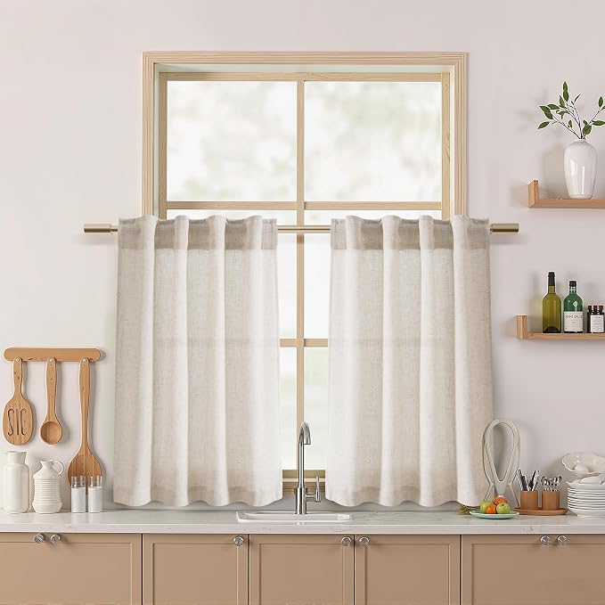 Kitchen Curtains Linen 36 Inch Length Beige Farmhouse Small Cafe Curtains Semi by Nanspring