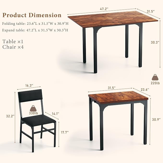 HUAHUU Dining Table Set for 4, Extendable Kitchen Table Cushion Chairs Set of 4 - Image 2