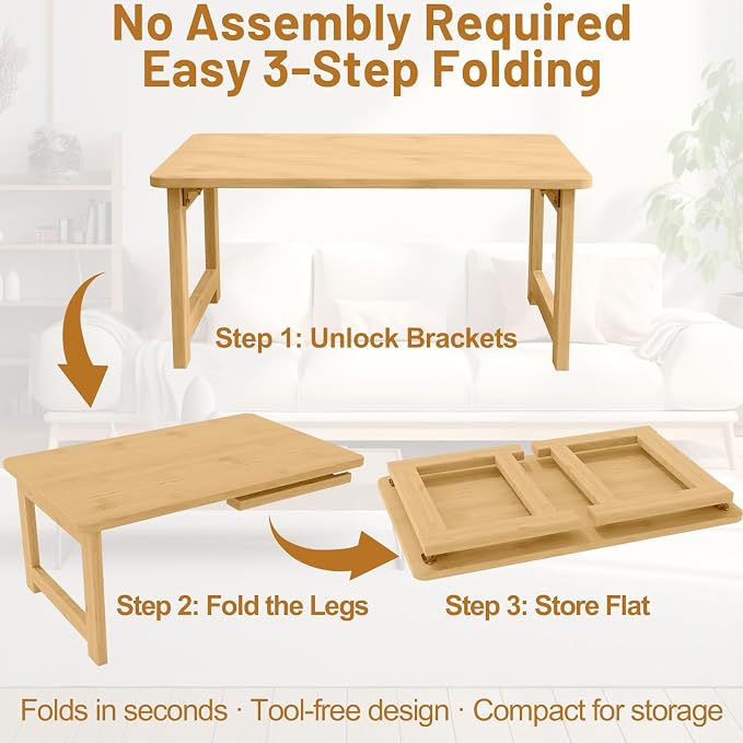 Japanese Floor Table, Bamboo Folding Coffee Table, Portable Solid Wood Japanese - Image 8