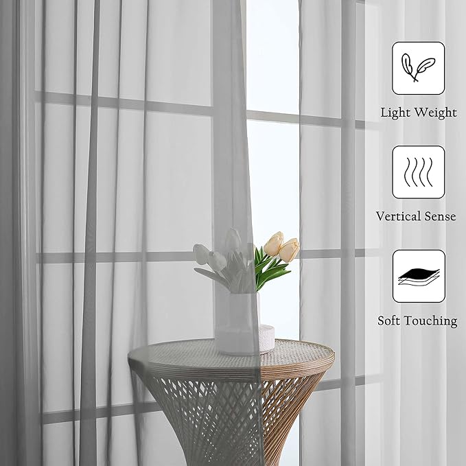 Charcoal Grey Sheer Curtains 63 Inch Length 2 Panels, Rod Pocket Light - Image 6