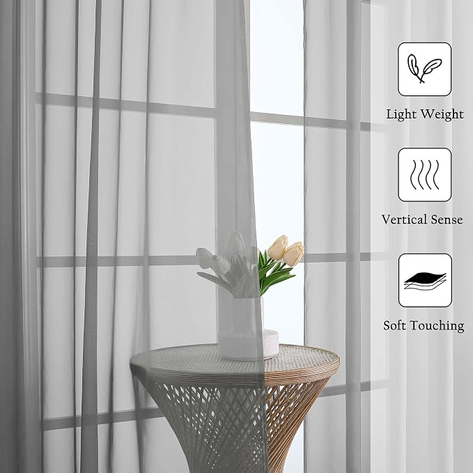 Charcoal Grey Sheer Curtains 108 Inches Long 2 Pcs, Airy Light Filtering - Image 2