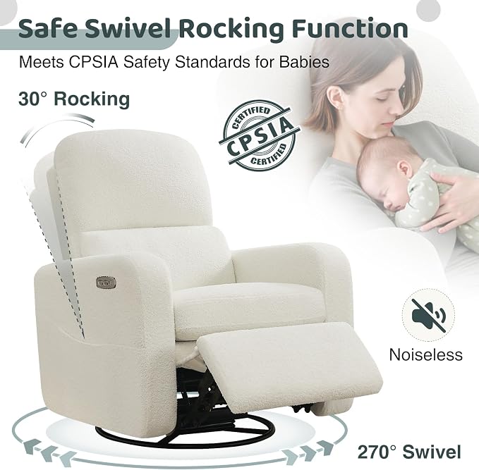 Power Swivel Rocker Recliner, Oversized Boucle Nursery Glider Recliner - Image 3