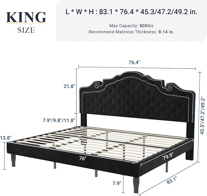 Allewie King Bed Frame with Adjustable Velvet Tiara Headboard, Upholstered - Image 2