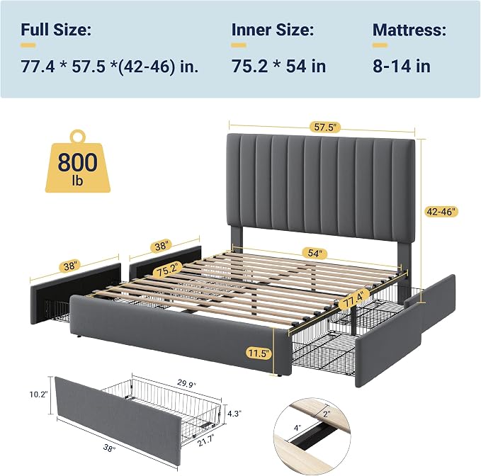 Allewie Full Size Storage Bed Frame, Vertical Channel Tufted Adjustable - Image 2