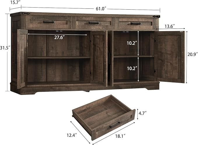 usikey Buffet Cabinet, 61” Large Sideboard Buffet Storage Cabinet - Image 2