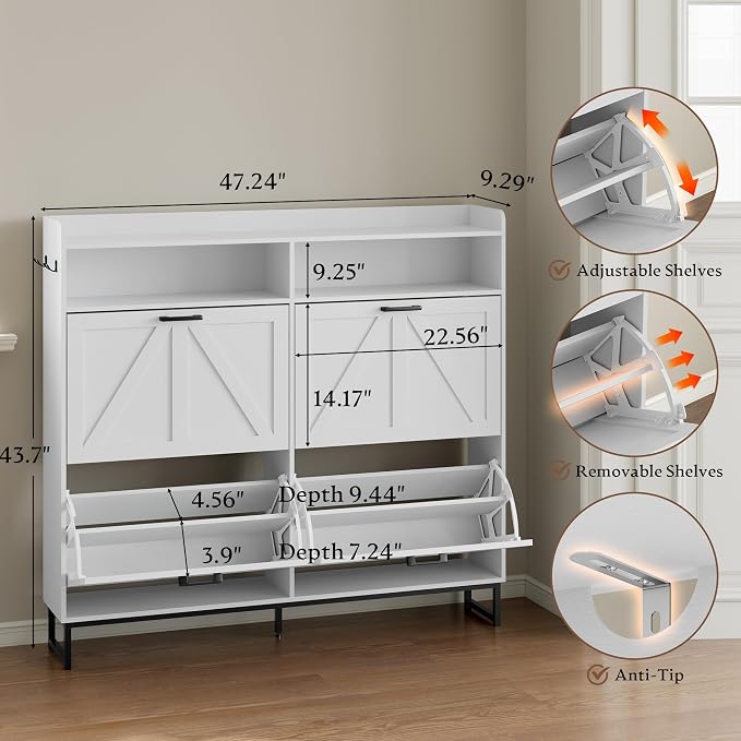 BORNOON Shoe Cabinet with 4 Flip Drawers Narrow Shoe Storage Cabinet Organizer - Image 2
