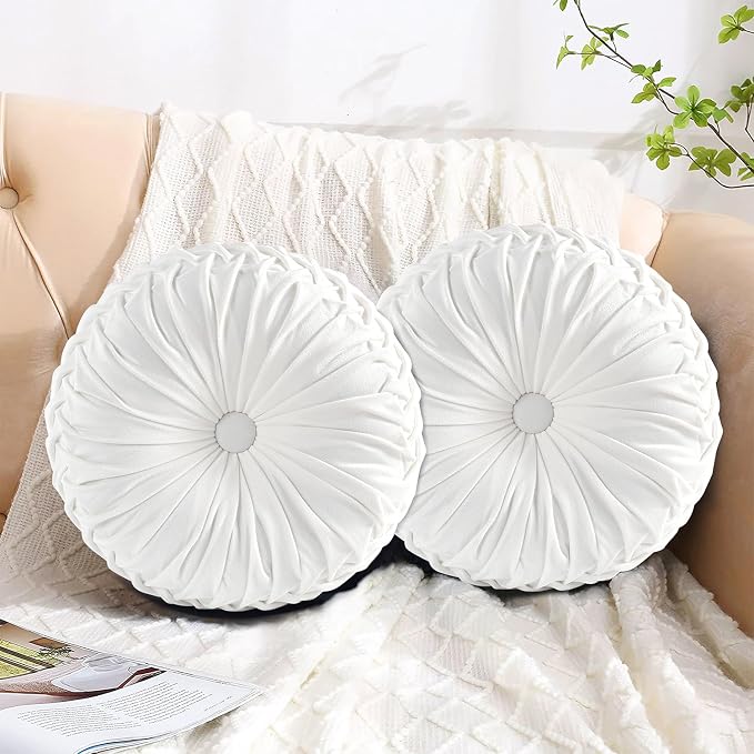 HIG Set of 2 Off White Velvet Decorative Round Pleated Throw Pillows | Vintage - Image 2