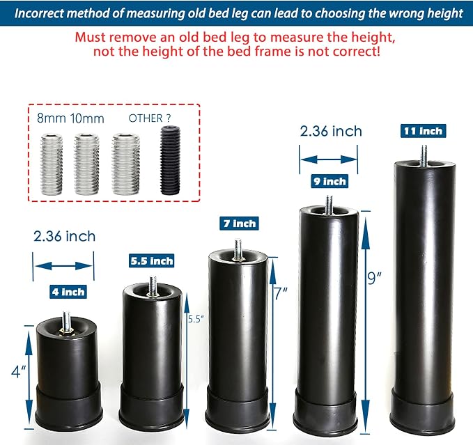 9 Inch Metal Adjustable Bed Base Frame Leg Replacement Heavy Duty Extra Height - Image 3