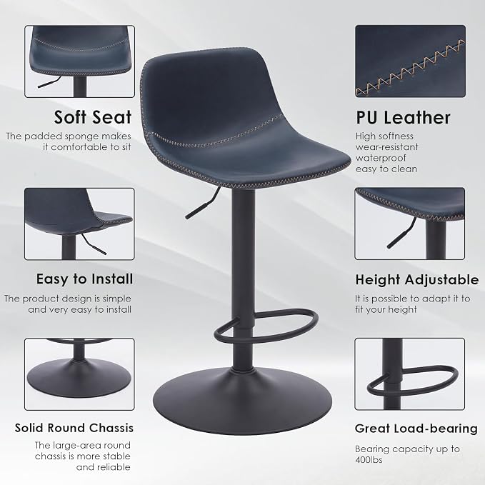 Adjustable Bar Stools Set of 2, Mid Century Modern Swivel Bar Stools, - Image 7