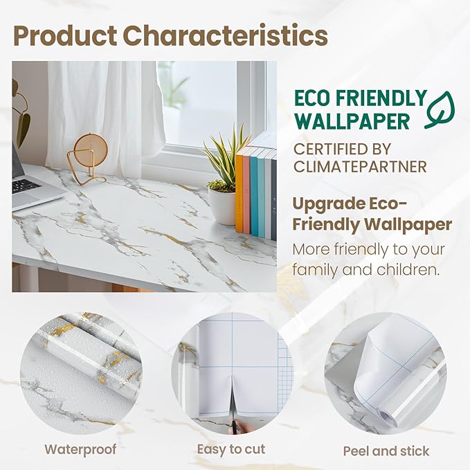 practicalWs Glossy Marble Wallpaper Peel and Stick White/Gold Granite Contact - Image 3