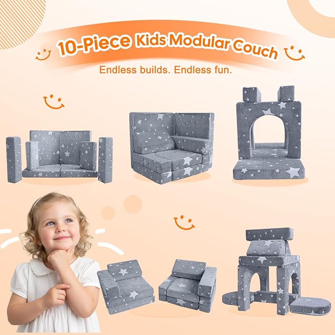 MeMoreCool Modular Kids Sofa, 10-Piece Foam Sectional Couch - Image 6