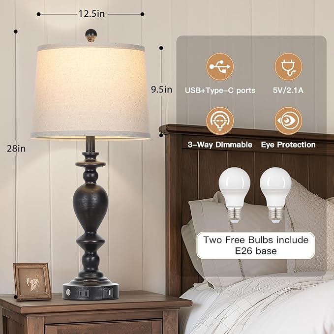 Cinkeda 28" Black Farmhouse Table Lamps Set of 2 - Image 3